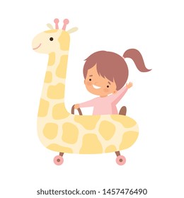 Cute Happy Girl Having Fun at Giraffe Attraction in Amusement Park Vector Illustration