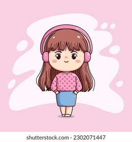 Cute happy girl with headphone listening music kawaii chibi flat outline cartoon character