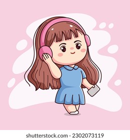 Cute happy girl with headphone listening music kawaii chibi flat outline cartoon character