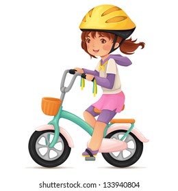 Cute Happy Girl In Helmet Riding A Bike With A Basket.