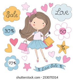 Cute happy girl holding bags. Summer sale.