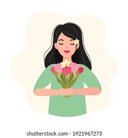 Cute happy girl holding a bunch of flowers flat vector illustration. Spring concept.