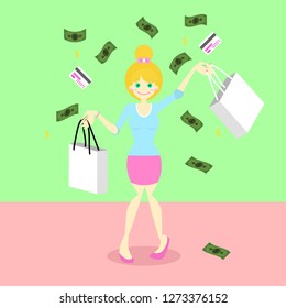 cute happy girl holding shopping bag concept under falling money and credit card, character design,cartoon flat vector,illustration in pink and green background