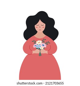 Cute happy girl holding spring meadow flowers bouquet. Pretty cartoon young woman with long hair smiling. International Womens Day, springtime. Vector flat illustration.