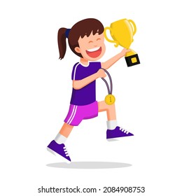 A cute and happy girl holding trophy and gold medal