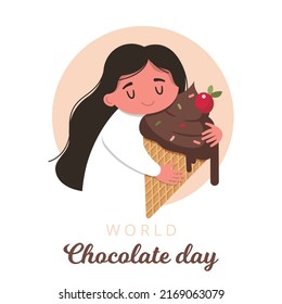 Cute happy girl hugging chocolate ice cream cone. Cartoon vector illustration isolated on white background. Card, poster, banner for world chocolate day