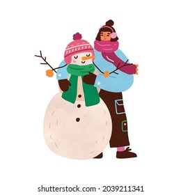 Cute happy girl hugging Xmas snowman. Funny portrait of smiling teenager child with Christmas snow man in winter scarf and hat. Colored flat vector illustration isolated on white background