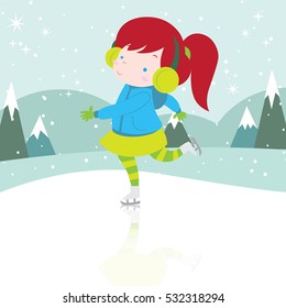 Cute happy girl ice skating with winter background vector stock