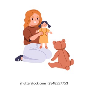 Cute happy girl kid playing with doll, teddy. Funny little kindergarten child during fun game with stuffed plush bear, sitting on floor, smiling. Flat vector illustration isolated on white background