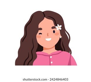 Linda niña feliz sonriendo, guiñando el ojo. Emocionado niño alegre con la flor en el pelo. Carácter dulce positivo alegre, retrato de preescolar. Ilustración vectorial plana aislada sobre fondo blanco