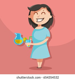 Cute happy girl with a lemonade pitcher. Vector cartoon illustration isolated on a pink background.
