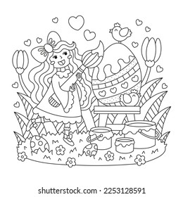 Cute happy girl painting big ornate egg. Cheerful easter drawing. Flowers, paints, birds. Spring nature. Coloring page for kids. Cartoon vector illustration. Isolated on white. Outlined artwork