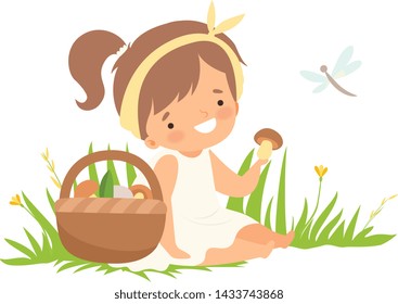 Cute Happy Girl Picking Up Mushrooms on Green Meadow, Adorable Little Kid Cartoon Character Playing Outside Vector Illustration