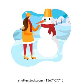 Cute Happy Girl Playing with Funny Dressed Snowman with Carrot at Winter Season in Snowy Ground Background Outdoors. Holiday Greeting Card Element, Vacation. Cartoon Flat Vector Illustration. Icon