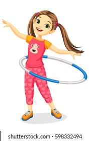 Cute happy girl playing with hula hoop vector illustration