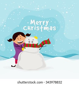 Cute happy girl playing with snowman on winter background for Merry Christmas celebration.