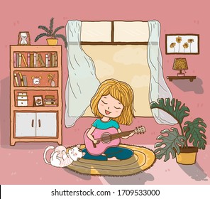 cute happy girl plays guitar on rug with a playful fluffy cat in sun lighted living room, outline doodle drawing flat vector