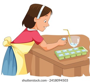 Cute and happy girl putting ice cubes in a glass