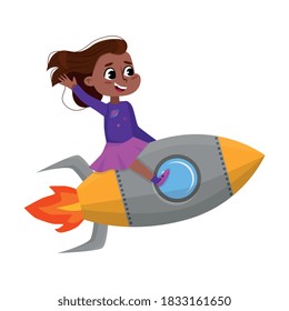 Cute Happy Girl Riding Space Rocket, Little Child Dreaming of Becoming an Astronaut Cartoon Style Vector Illustration