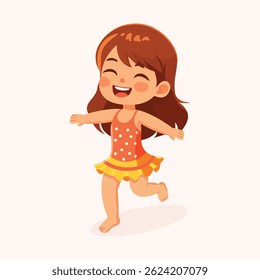 Cute and happy girl running in bathing suits on white background. Poster, Banner, Flyer, Summer time. Vector illustration in flat cartoon style