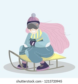 Cute Happy Girl  Sledding on the Yellow Sleigh and Smiling. Isolated Handrawing Vector Cartoon Character.