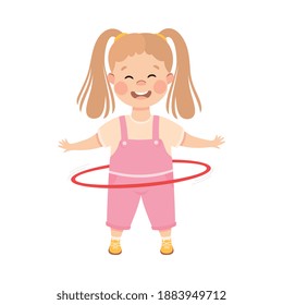 Cute Happy Girl Spinning Hula Hoop around her Waist, Kid Doing Sports, Active Healthy Lifestyle Concept Cartoon Style Vector Illustration