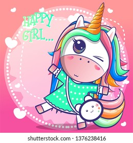 cute happy girl unicorn cartoon. Can be used for baby t-shirt print, fashion print design, kids wear, baby shower celebration greeting and invitation card. - Vector