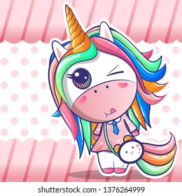 cute happy girl unicorn cartoon. Can be used for baby t-shirt print, fashion print design, kids wear, baby shower celebration greeting and invitation card. - Vector