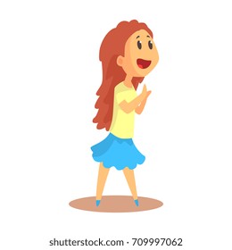 Cute happy girl watching something and applauding colorful cartoon detailed vector Illustration