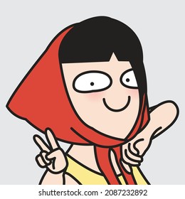 Cute Happy Girl is Wearing Fashion Knitted Balaclavas Hood With Victory Hand Sign Pose Concept Card Character illustration