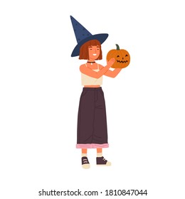 Cute happy girl wearing witch hat hold Halloween pumpkin. Funny portrait of joyful wizard showing jack o lantern. Flat vector cartoon childish illustration isolated on white background