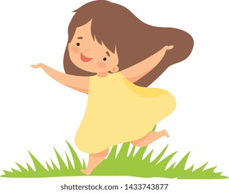 Cute Happy Girl In Yellow Dress Running On Green Meadow, Adorable Little Kid Cartoon Character Playing Outside Vector Illustration