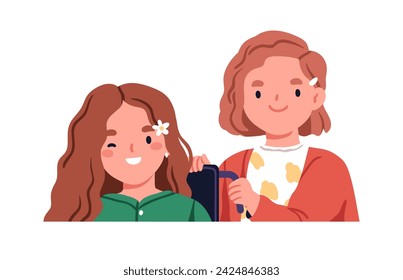 Cute happy girls friends. Smiling excited girlfriends portrait. Cheerful adorable little children characters, kid with disability on wheelchair. Flat vector illustration isolated on white background