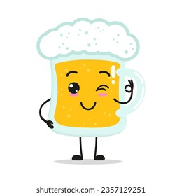Cute happy glass of beer character. Funny smiling and wink drink cartoon emoticon in flat style. beer vector illustration