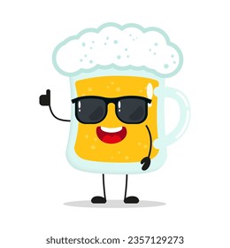 Cute happy glass of beer character wear sunglasses. Funny drink greet friend cartoon emoticon in flat style. beer vector illustration