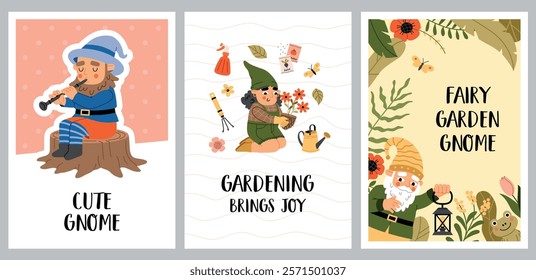 Cute happy gnomes in garden. Funny figures in dwarf hats, mythical helpers and guardians, plant care place, little gardeners, vector posters