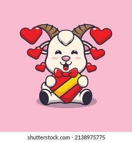 cute happy goat cartoon character in valentines day