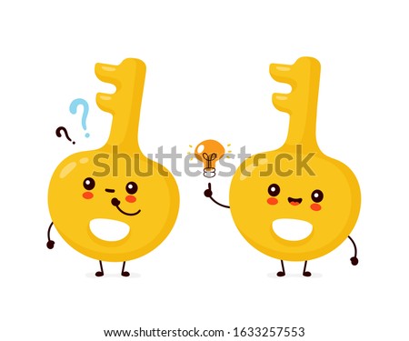 Cute happy gold key with question mark and idea lightbulb. Vector flat cartoon character illustration icon design.Isolated on white background.  Key character concept