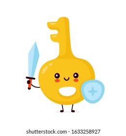 Cute happy gold key. Vector flat cartoon character illustration icon design.Isolated on white background. Key character concept