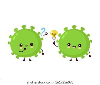 Cute happy good probiotic bacteria with question mark and idea lightbulb. Vector flat cartoon character illustration icon design.Isolated on white background. Enteric probiotic bacteria concept