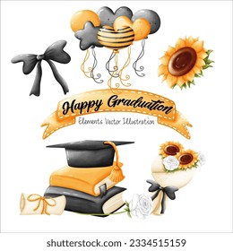 Cute Happy Graduation Cap Books, Sunflower White Rose Bouquet, Balloons Herz und Star Yellow Black Water Farbe Vector File , Clip-Art Cartoon Stil Für Banner, Poster, Karte, T-Shirt, Aufkleber