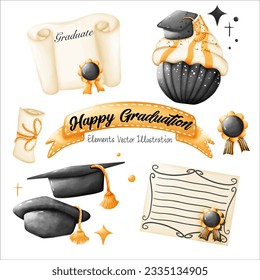 Cute Happy Graduation Caps Cupcake, Certificate Medal Ribbon Sign Yellow Black Elements Watercolor Vector File , Clipart cartoon style For banner, poster, card, t shirt, sticker