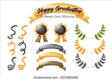 Cute Happy Graduation Laurel Kranz Olive Kranz, Medal Ribbon Sign Yellow Black Elements Aquarell Vector File, Clip-Art Cartoon Stil Für Banner, Poster, Karte, T-Shirt, Aufkleber