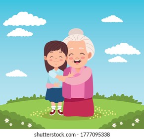 linda y feliz abuela con nieta en el diseño de la ilustración del vector del campamento