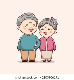Cute happy grandparent laughing together kawaii chibi character vintage design valentines day couple