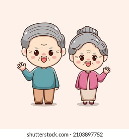 Cute happy grandparent waving hand kawaii chibi character design valentines day couple