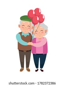 cute happy grandparents couple with balloons helium characters vector illustration design