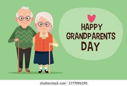 cute happy grandparents couple and lettering with heart vector illustration design