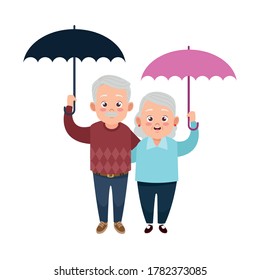 cute happy grandparents couple with umbrellas avatars characters vector illustration design