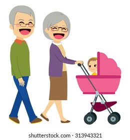 Cute Happy Grandparents Pushing Stroller With Newborn Baby